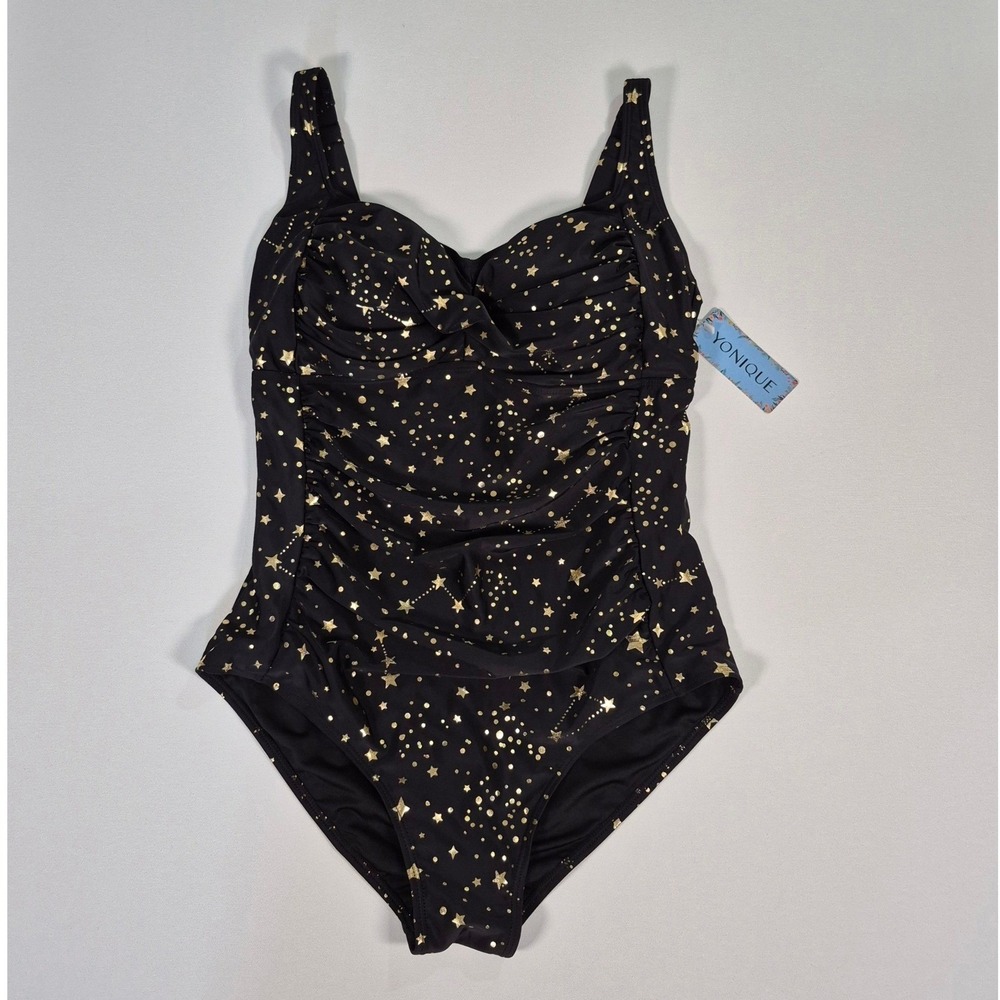 Yonique‎ Black Gold Stars Ruched Tummy Control One Piece Swimsuit NWT 14W